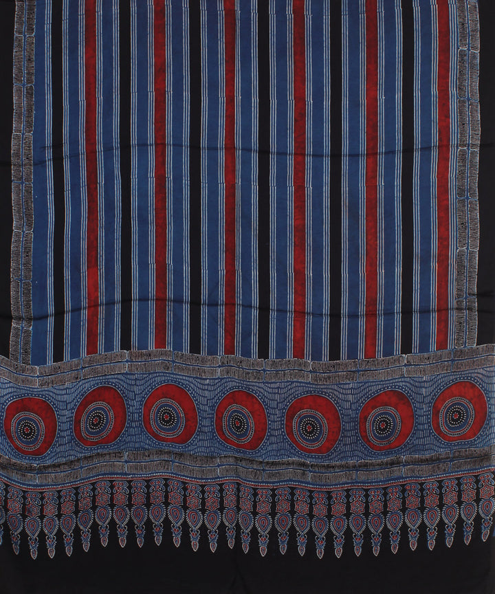 Navy blue red black stripe hand printed modal silk ajrakh dupatta