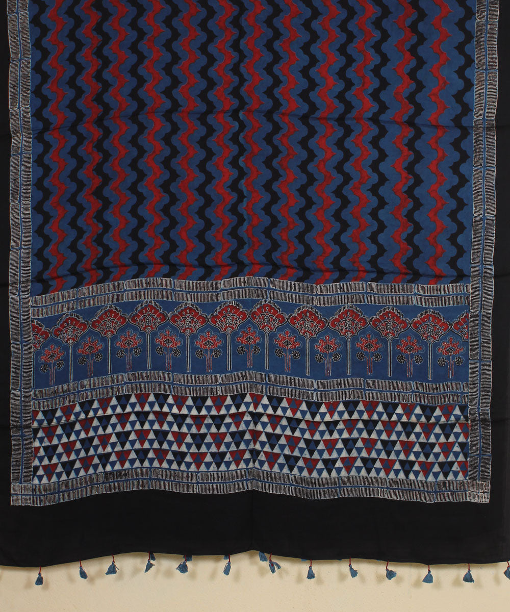 Navy blue red black hand printed modal silk ajrakh dupatta