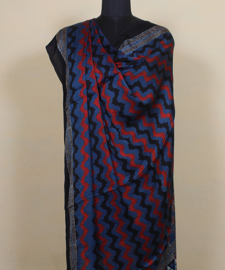 Navy blue red black hand printed modal silk ajrakh dupatta