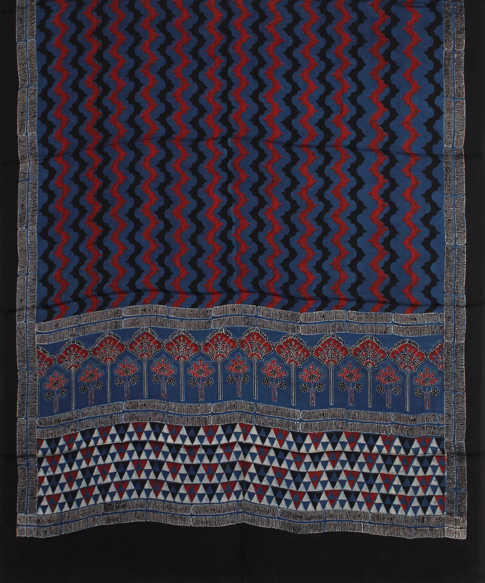 Navy blue red black hand printed modal silk ajrakh dupatta