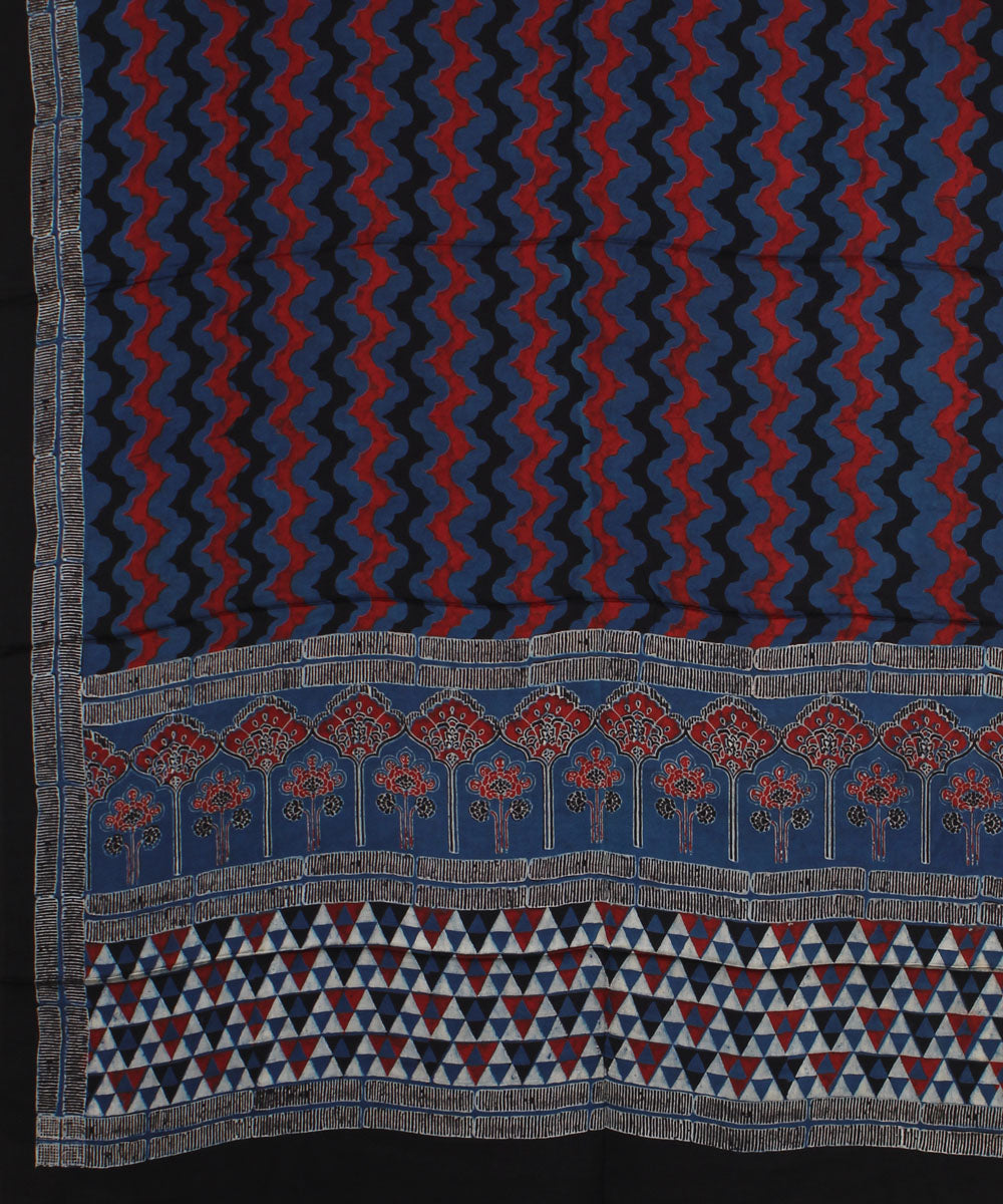 Navy blue red black hand printed modal silk ajrakh dupatta