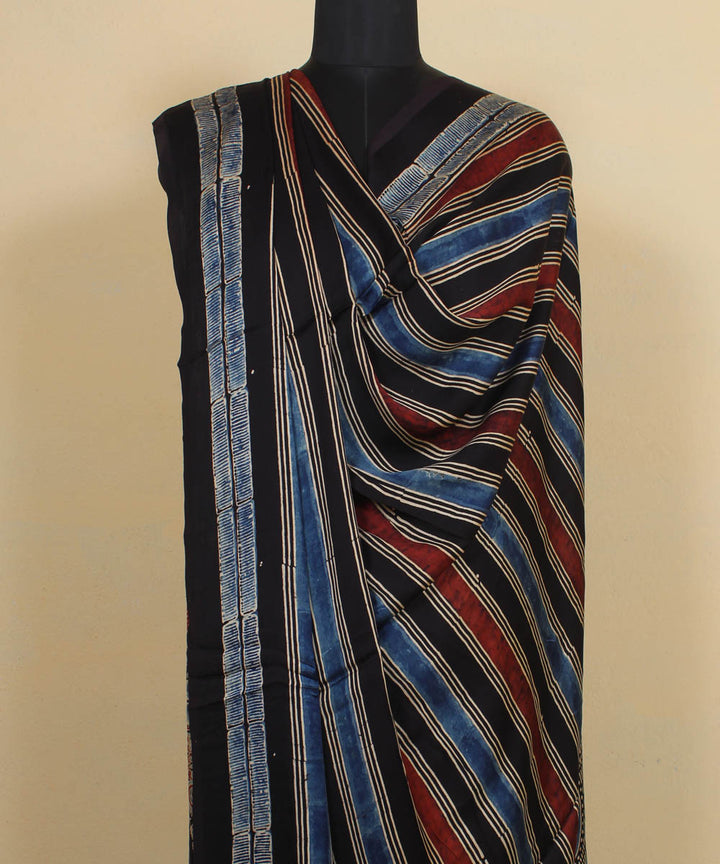 Indigo red black stripe hand printed modal silk ajrakh dupatta