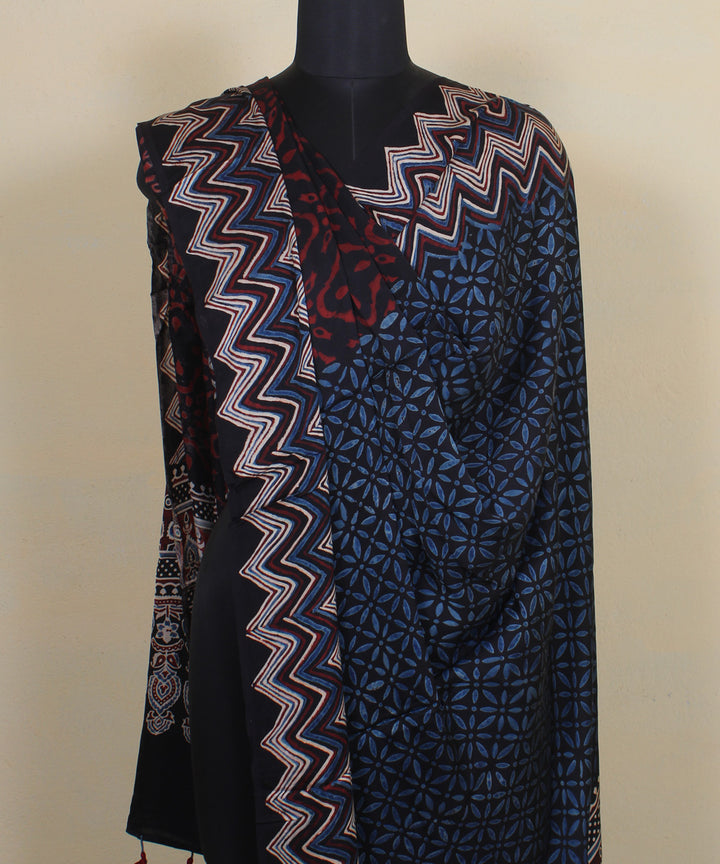 Black red indigo hand printed ajrakh modal silk dupatta