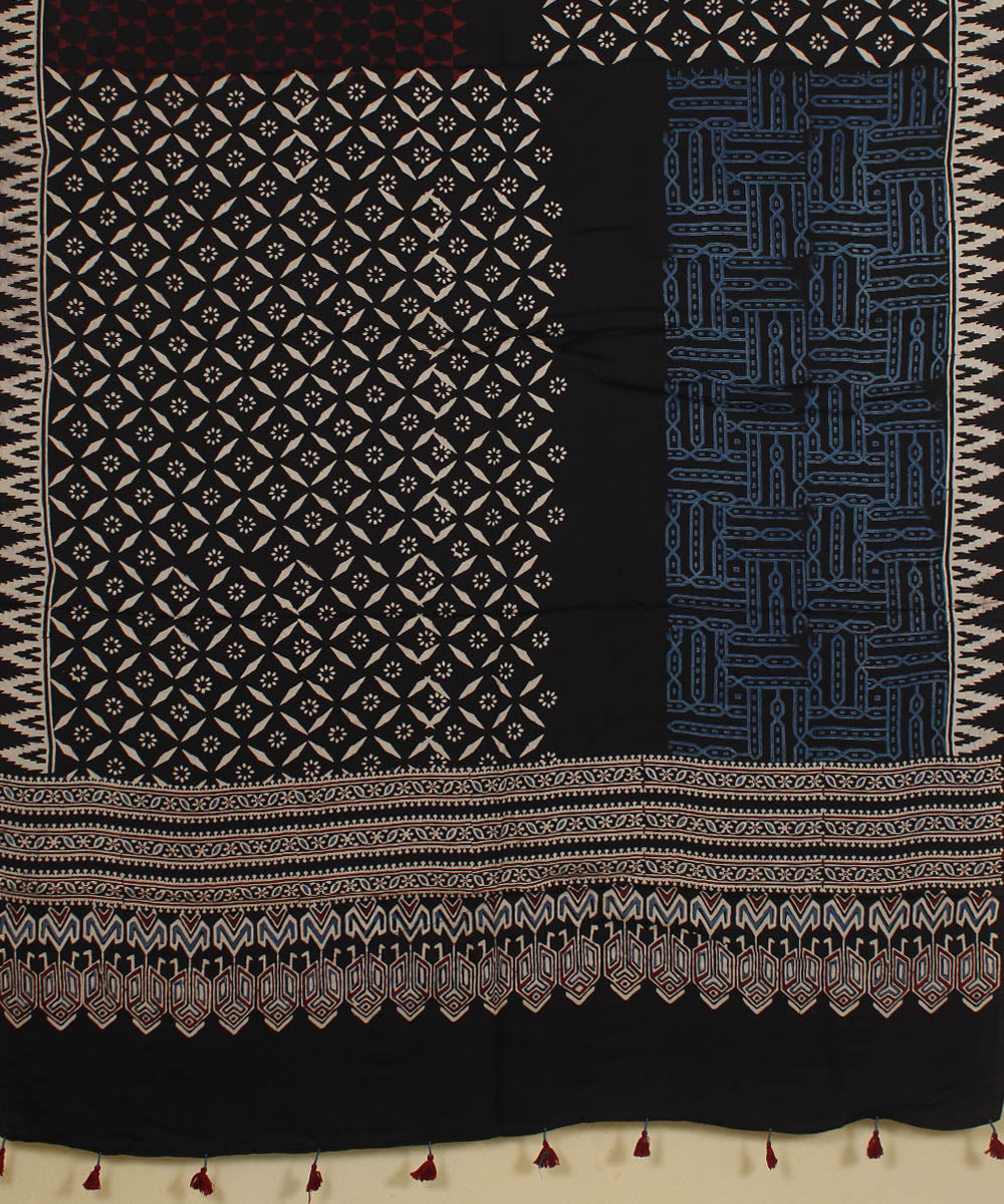 Black red blue hand printed modal silk ajrakh dupatta