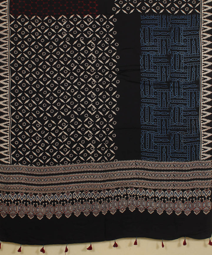 Black red blue hand printed modal silk ajrakh dupatta