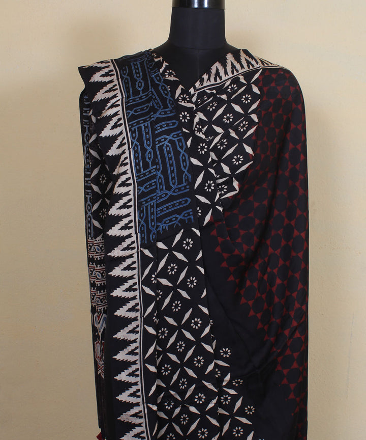Black red blue hand printed modal silk ajrakh dupatta