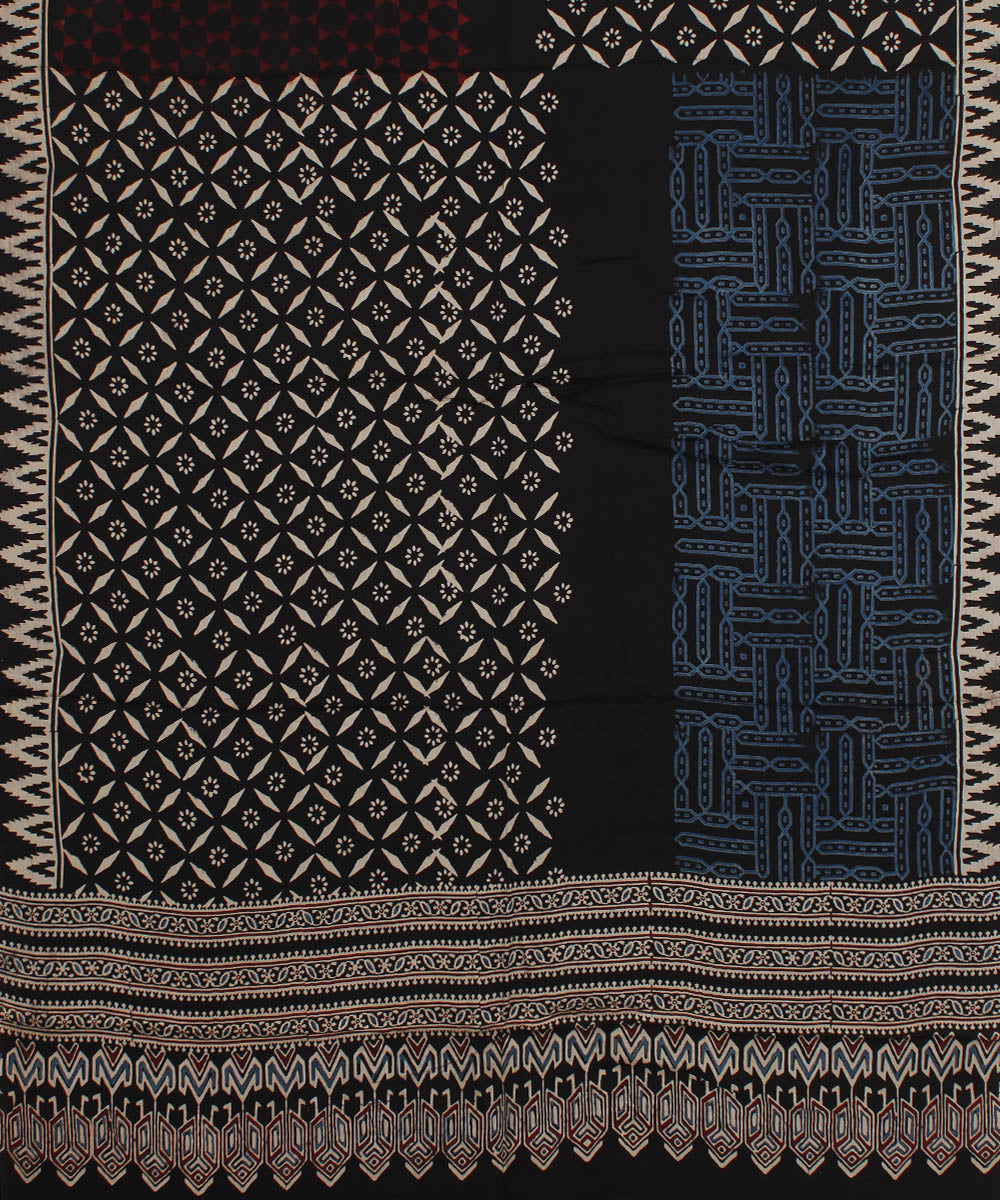 Black red blue hand printed modal silk ajrakh dupatta