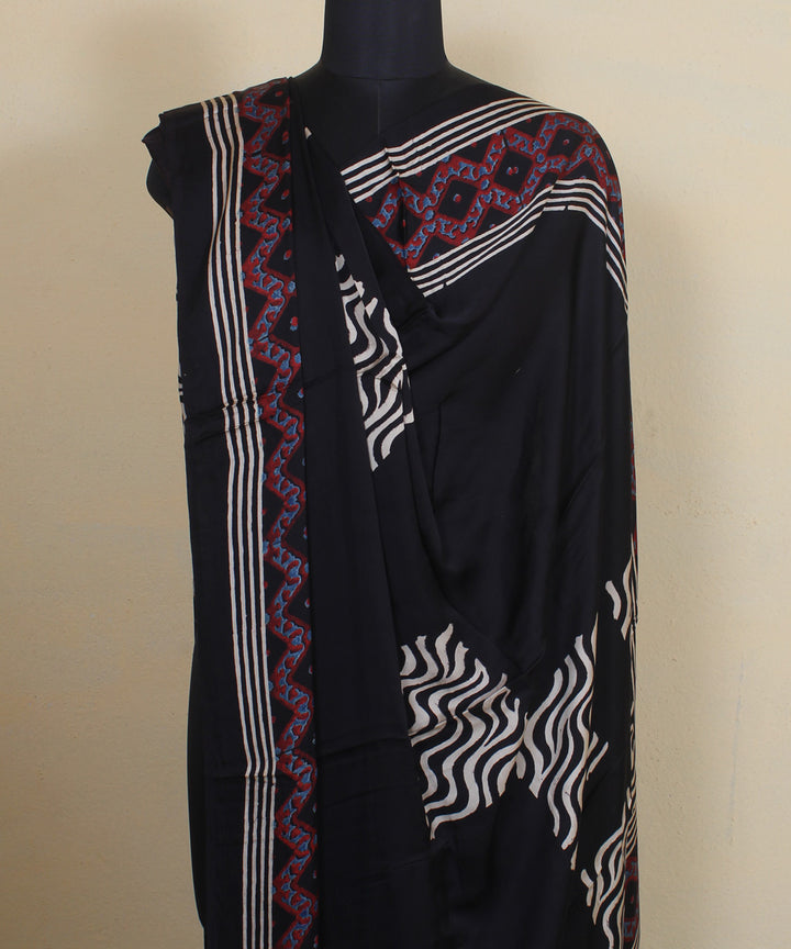 Black offwhite hand printed ajrakh modal silk dupatta