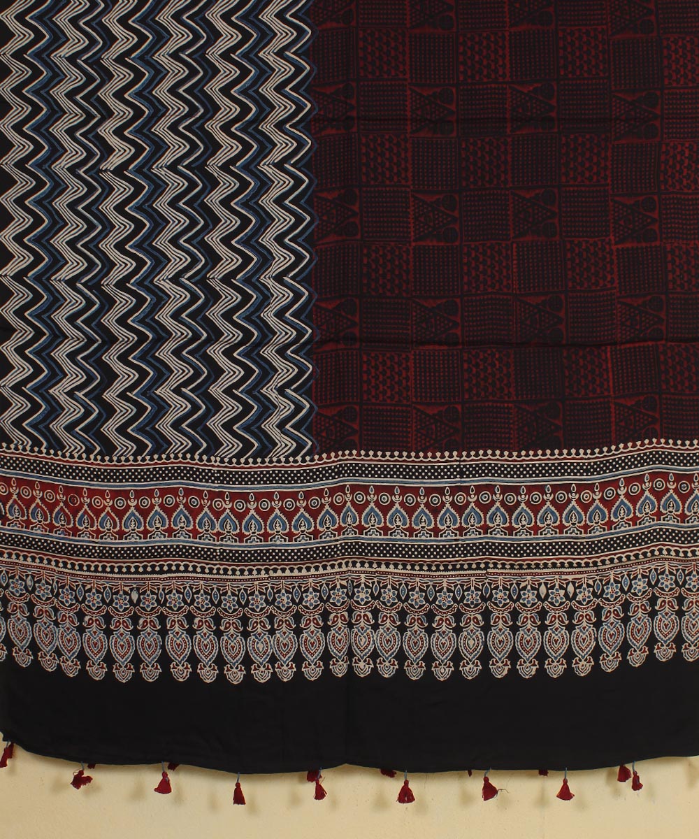 Black red hand printed modal silk ajrakh dupatta