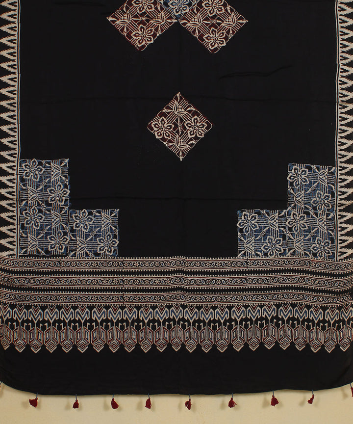 Black offwhite hand printed modal silk ajrakh dupatta