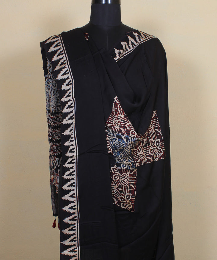 Black offwhite hand printed modal silk ajrakh dupatta