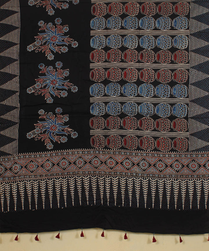 Black red indigo hand printed modal silk ajrakh dupatta