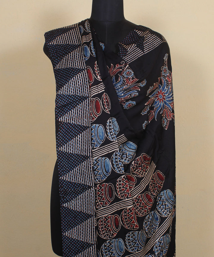 Black red indigo hand printed modal silk ajrakh dupatta