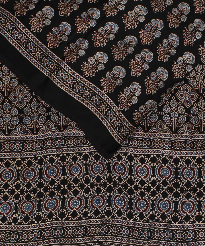 Black indigo ajrakh modal silk hand block printed saree