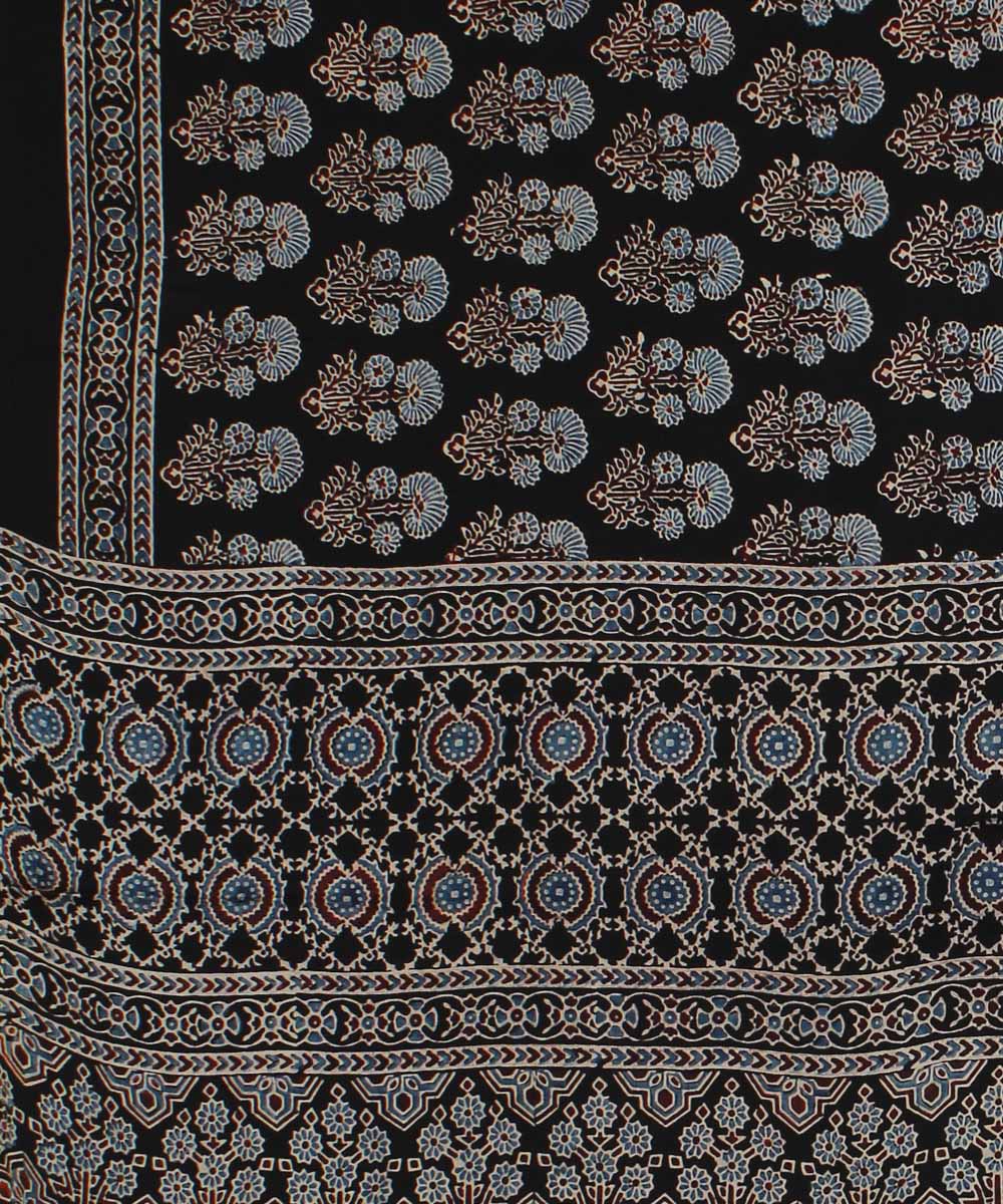 Black indigo ajrakh modal silk hand block printed saree