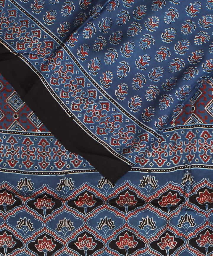 Black blue ajrakh modal silk hand block printed saree