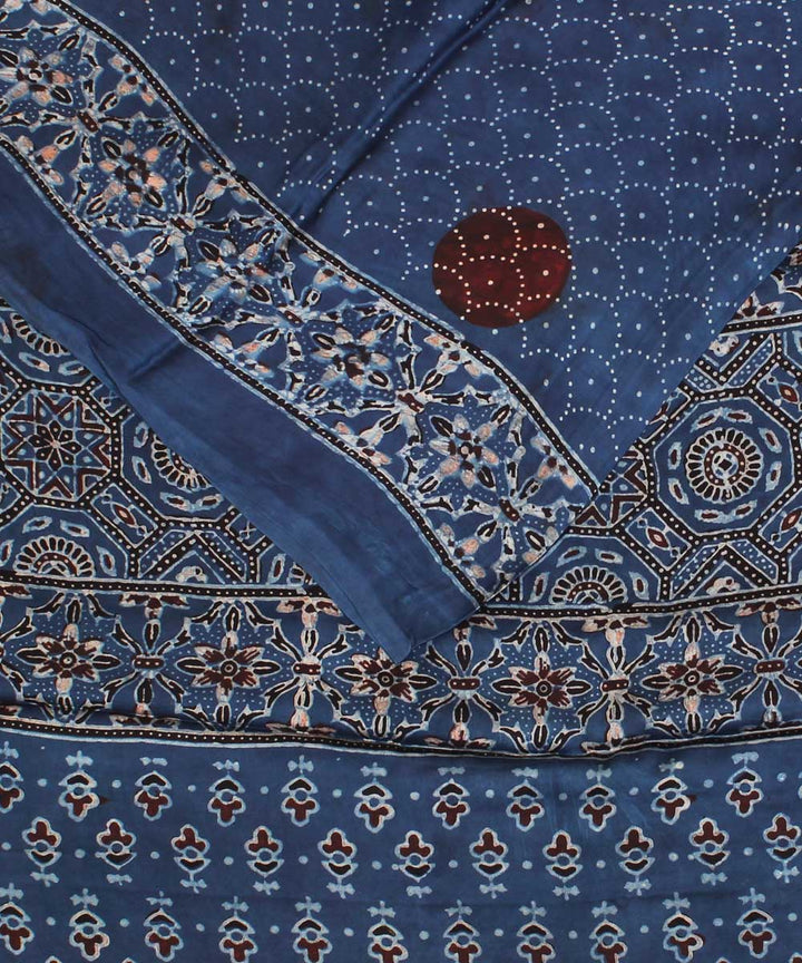 Indigo red modal silk hand block printed ajrakh saree