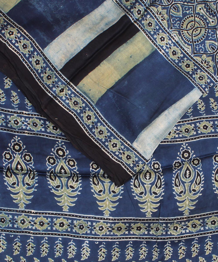 Indigo multicolor modal silk hand block printed ajrakh saree