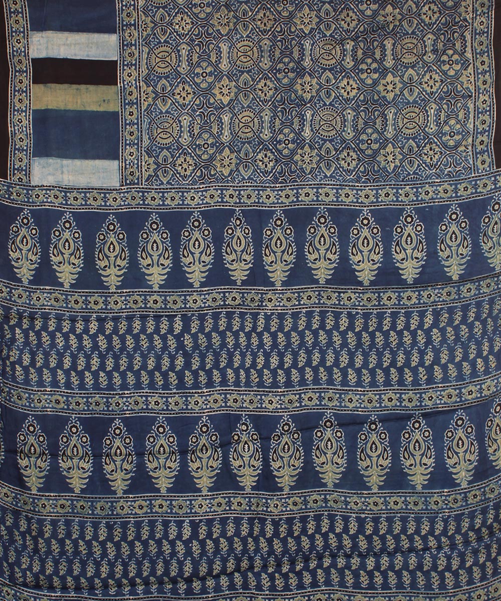 Indigo multicolor modal silk hand block printed ajrakh saree