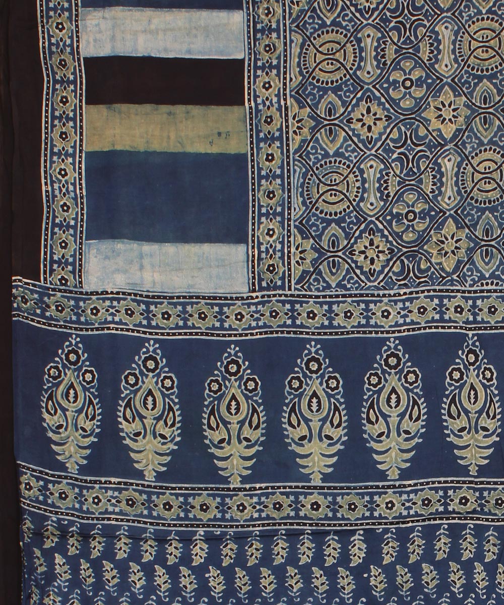 Indigo multicolor modal silk hand block printed ajrakh saree