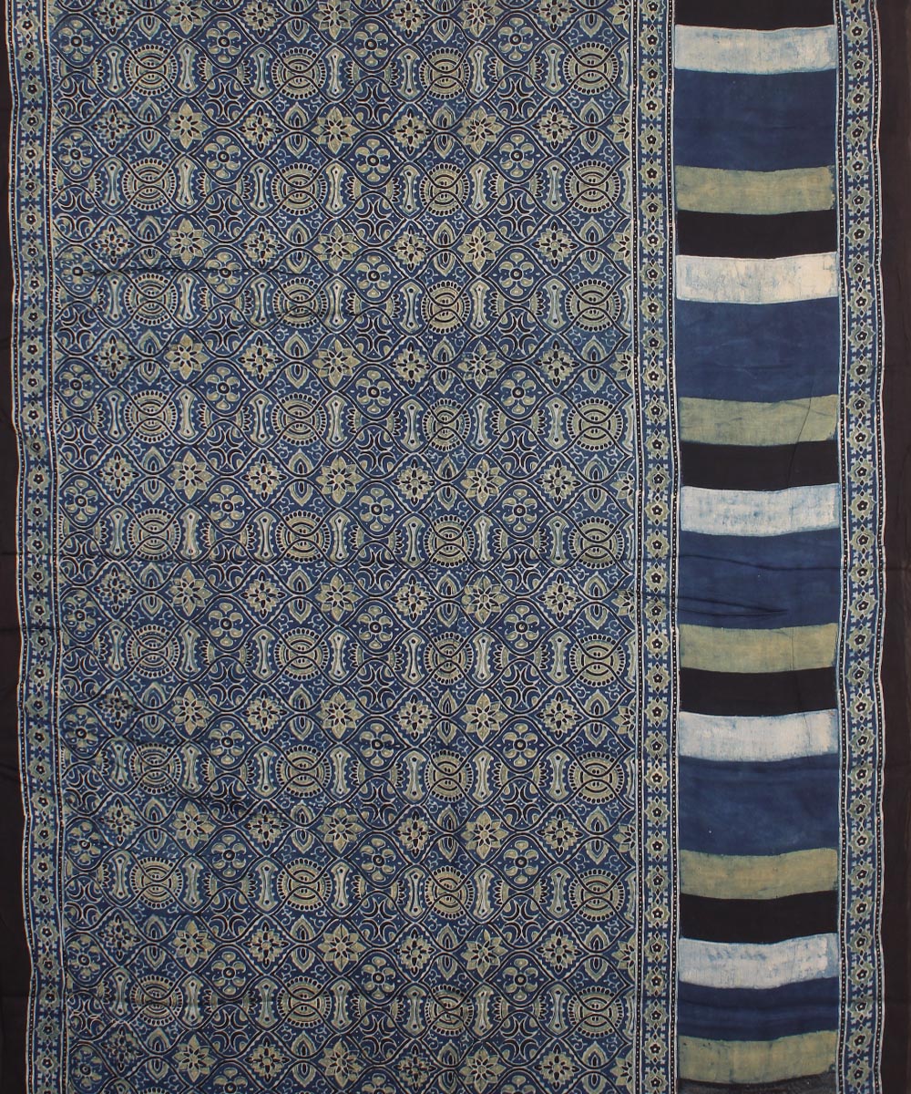 Indigo multicolor modal silk hand block printed ajrakh saree