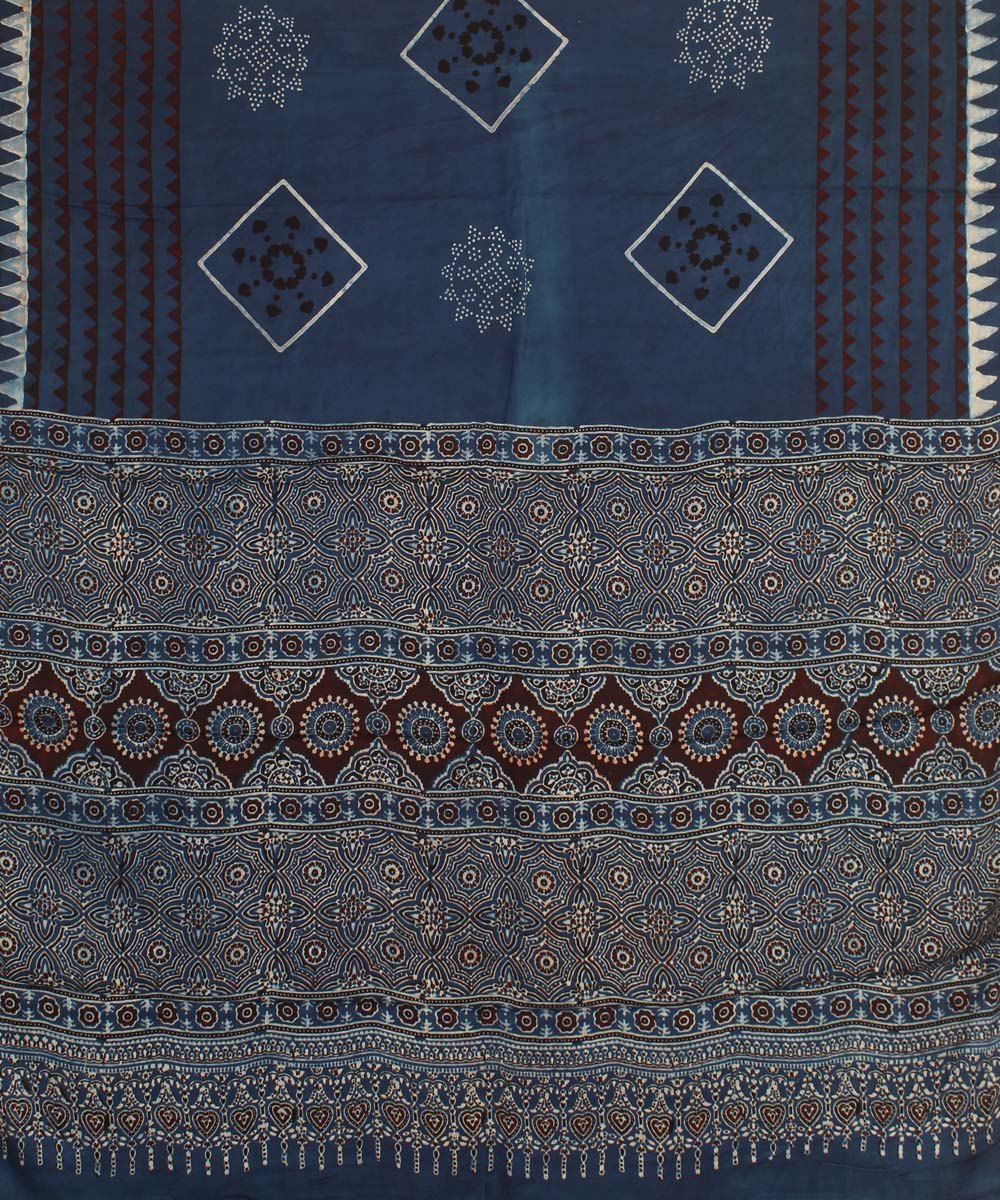 Indigo offwhite modal silk hand block printed ajrakh saree