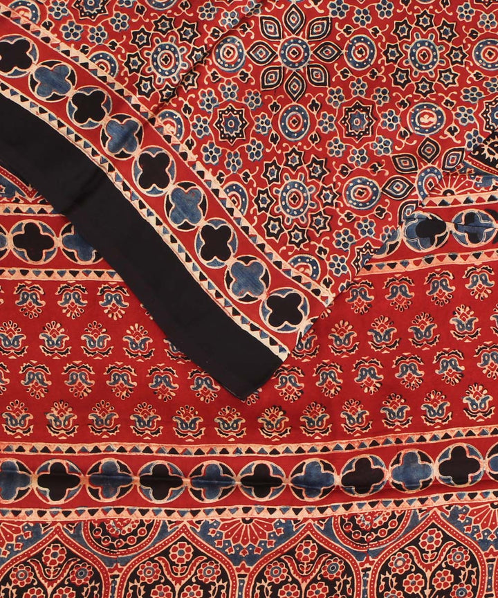 Red indigo black modal silk hand block printed ajrakh saree