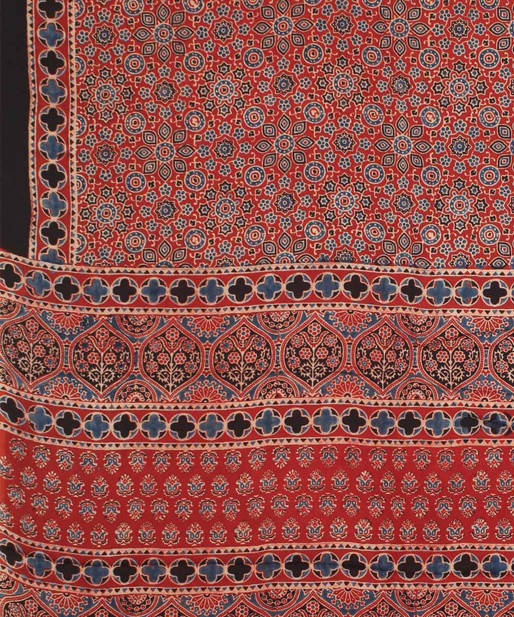 Red indigo black modal silk hand block printed ajrakh saree