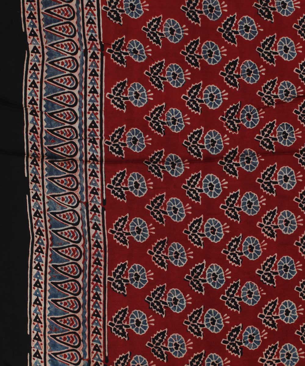 Red black indigo modal silk hand block printed ajrakh saree
