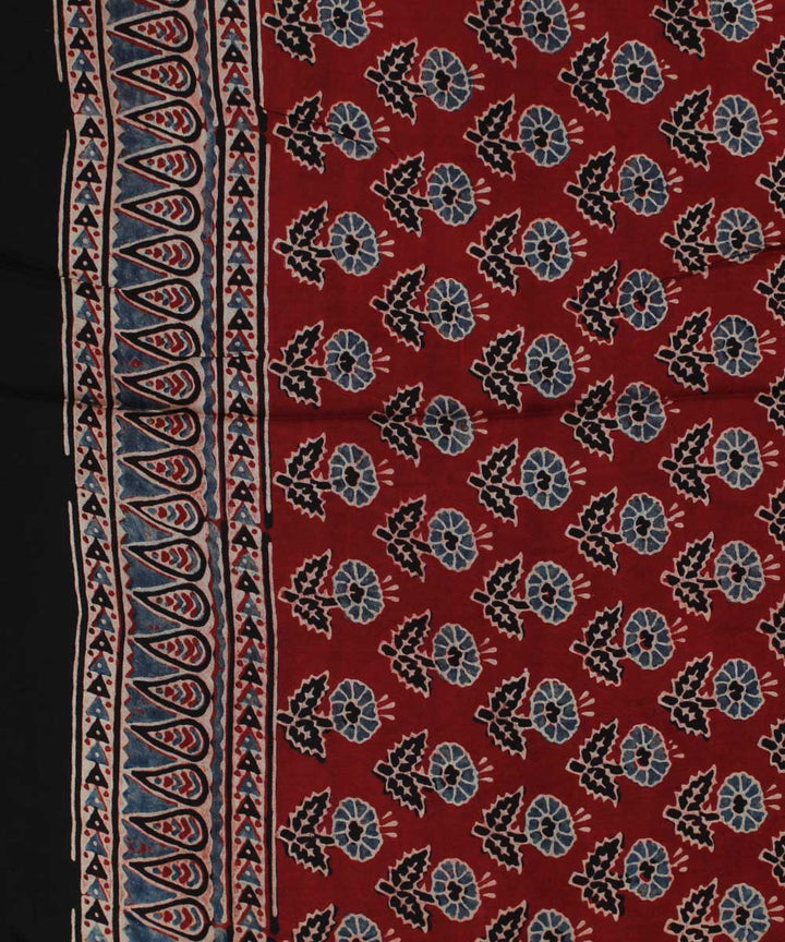 Red black indigo modal silk hand block printed ajrakh saree