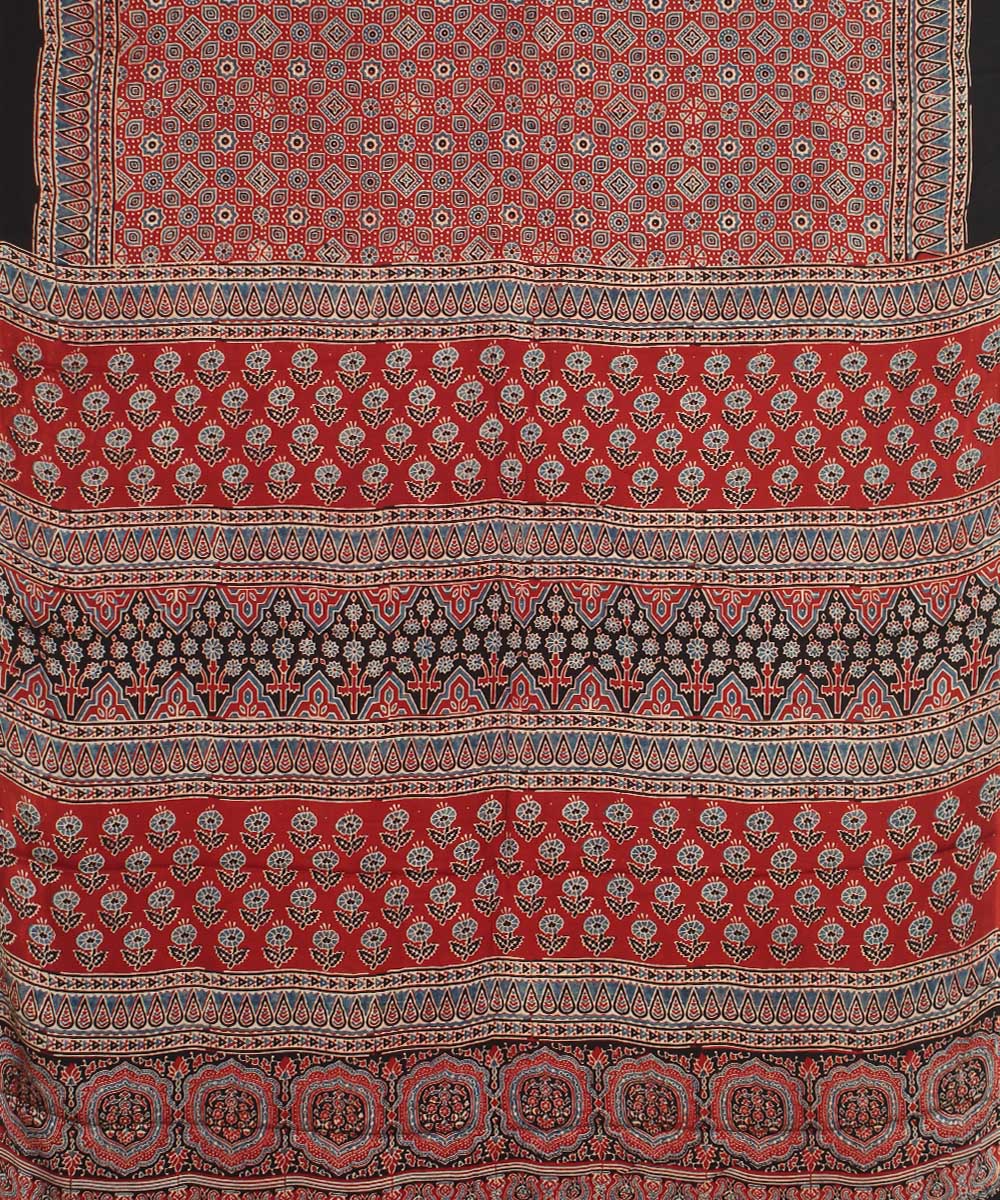 Red black indigo modal silk hand block printed ajrakh saree