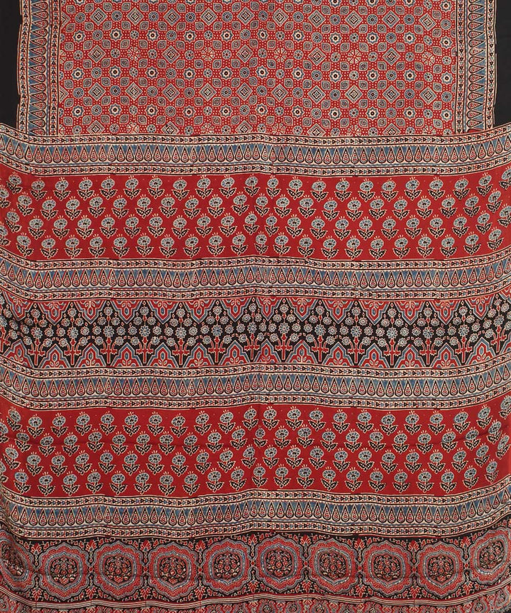 Red black indigo modal silk hand block printed ajrakh saree