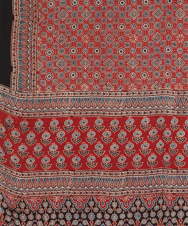 Red black indigo modal silk hand block printed ajrakh saree