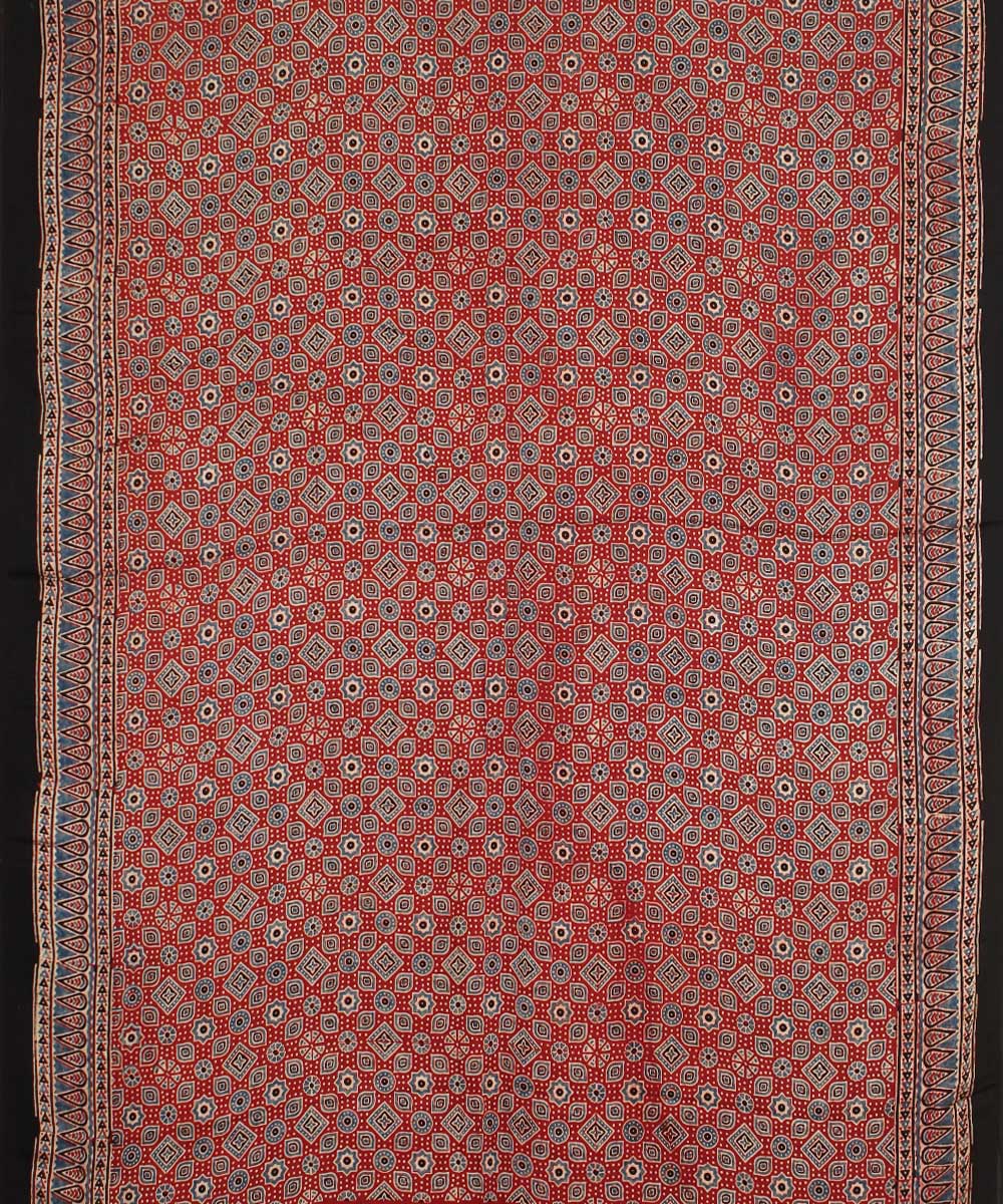 Red black indigo modal silk hand block printed ajrakh saree