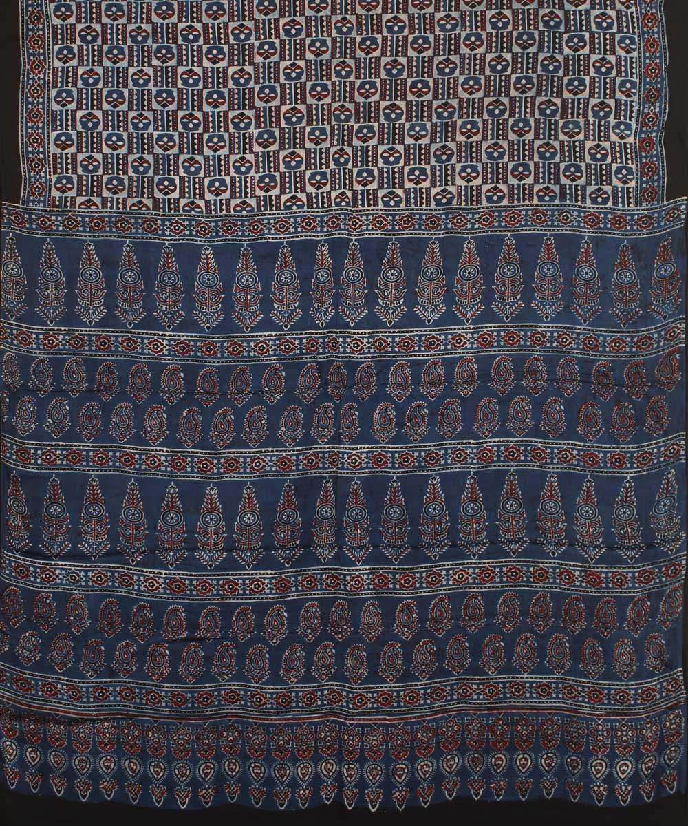 Black indigo multicolour modal silk hand block printed ajrakh saree