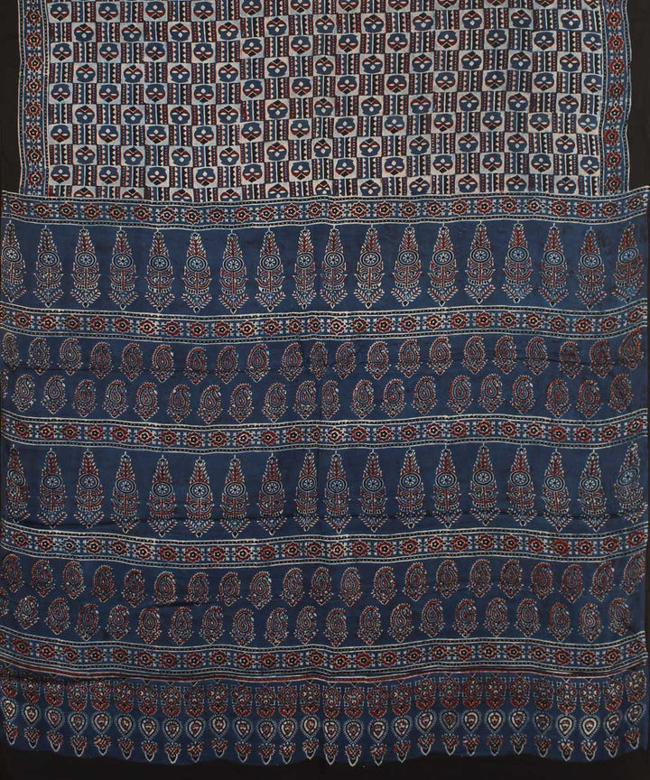 Black indigo multicolour modal silk hand block printed ajrakh saree