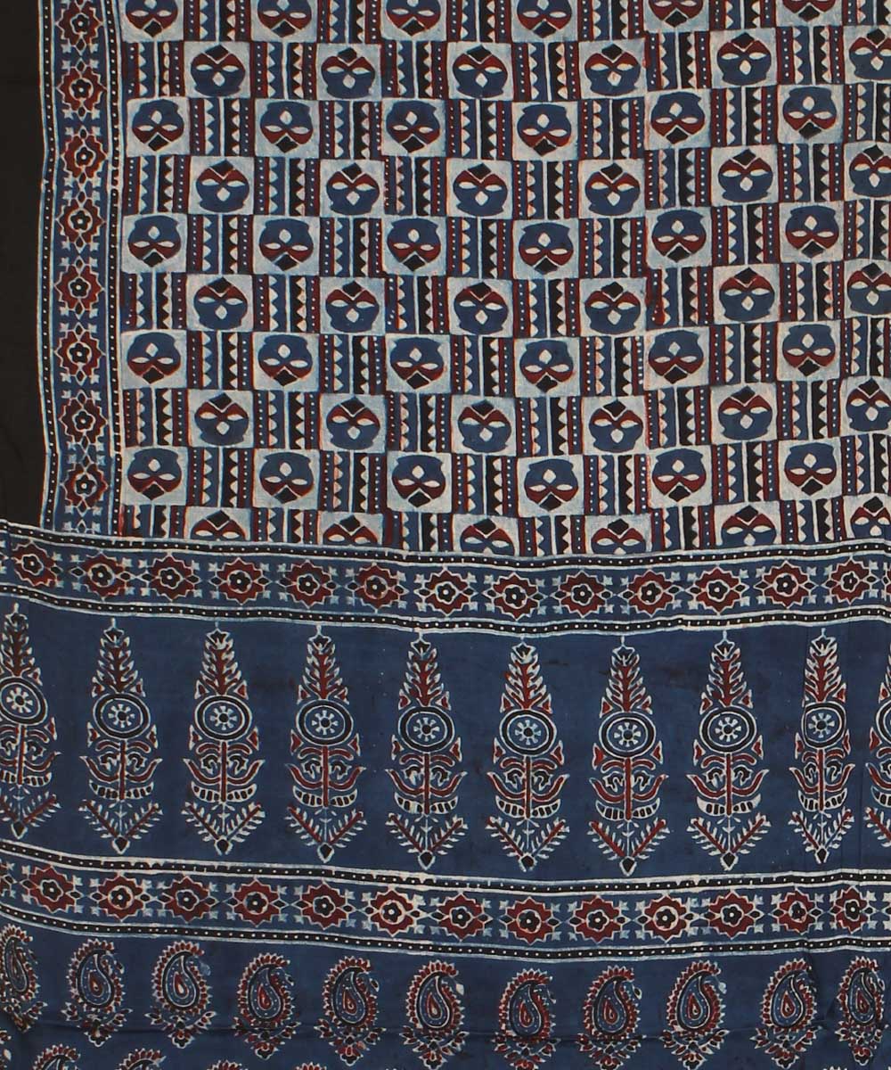 Black indigo multicolour modal silk hand block printed ajrakh saree