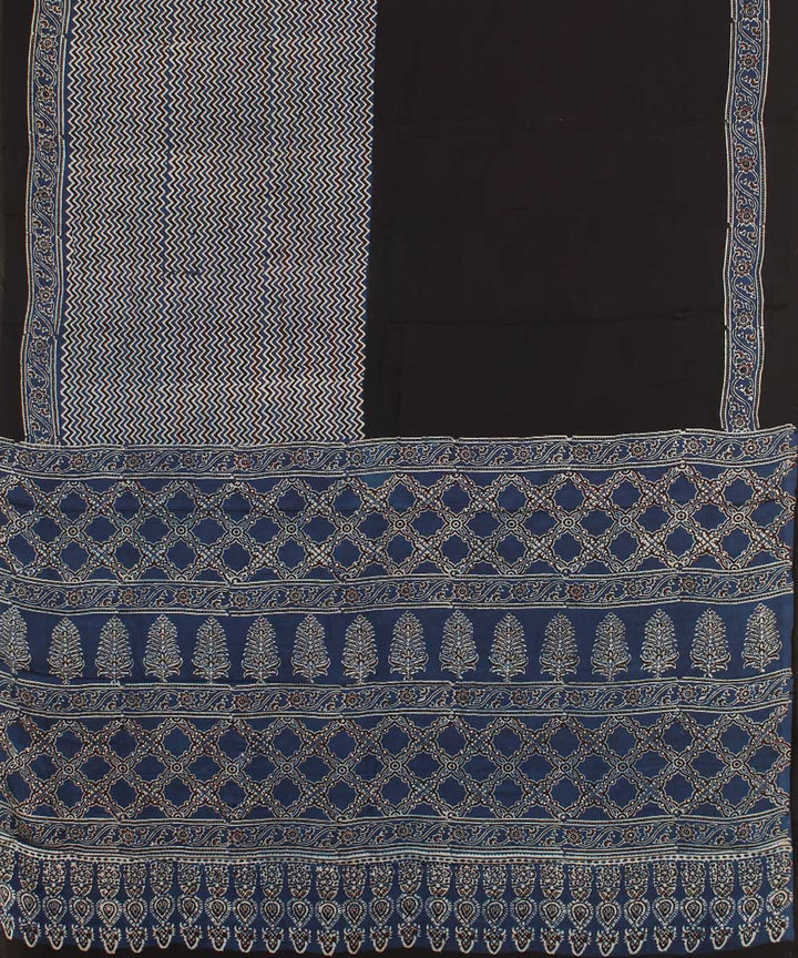 Black offwhite indigo modal silk hand block printed ajrakh saree