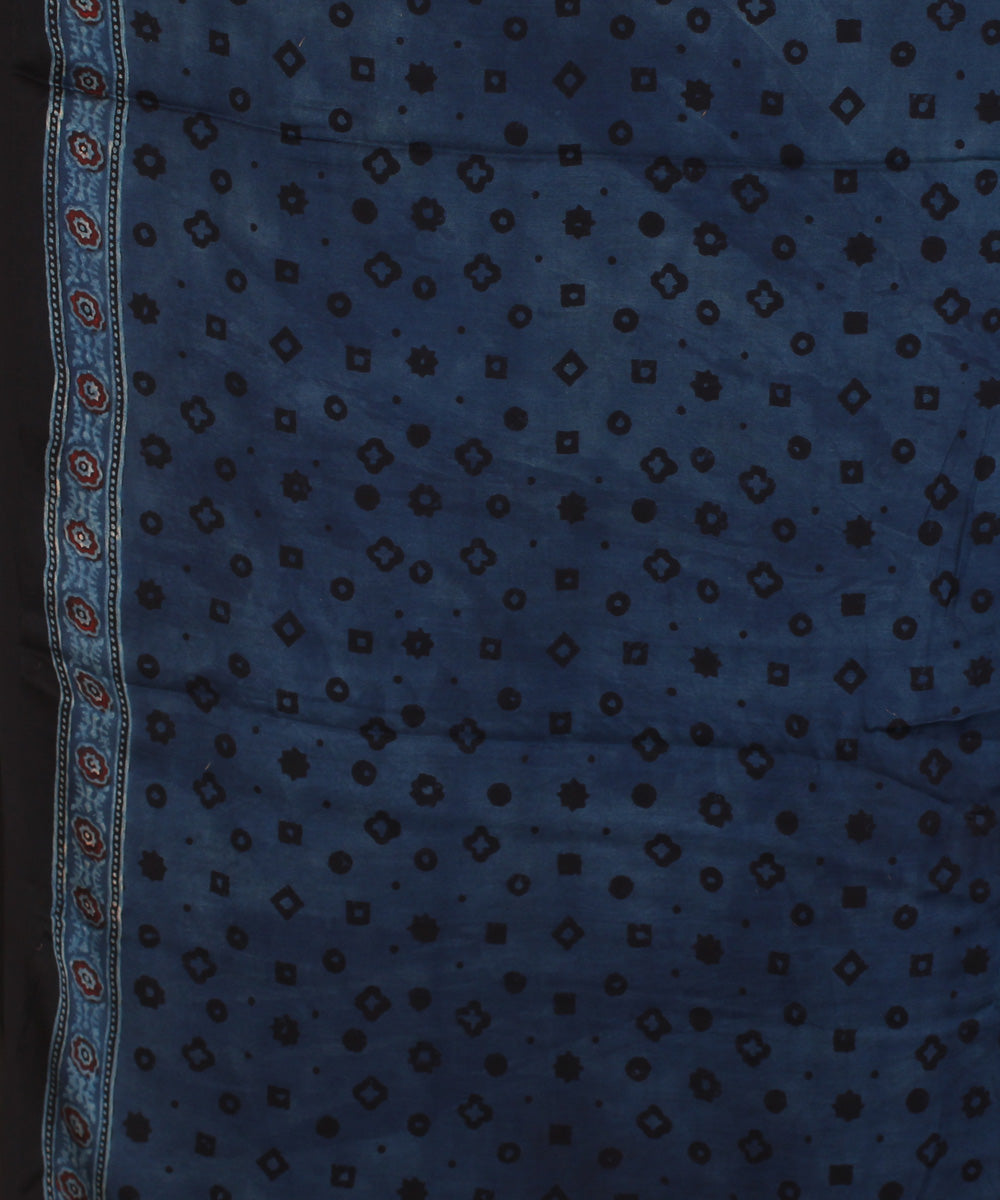 Navy blue black modal silk hand block printed ajrakh saree