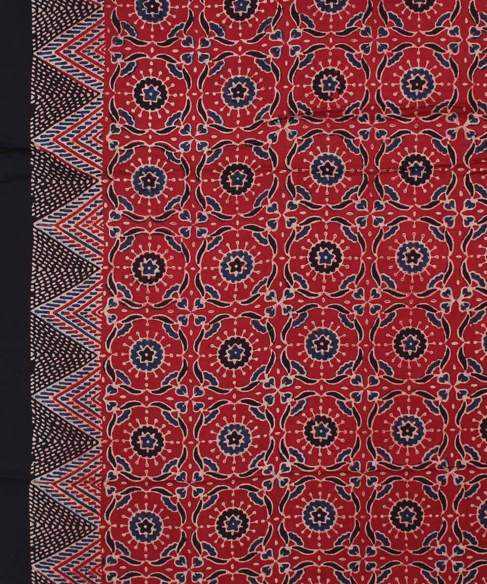 Black red modal silk hand block printed ajrakh saree