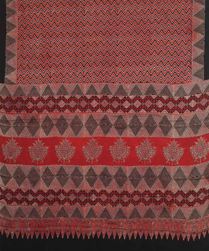 Black red modal silk hand block printed ajrakh saree