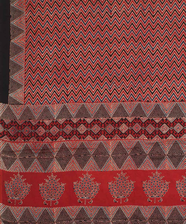 Black red modal silk hand block printed ajrakh saree