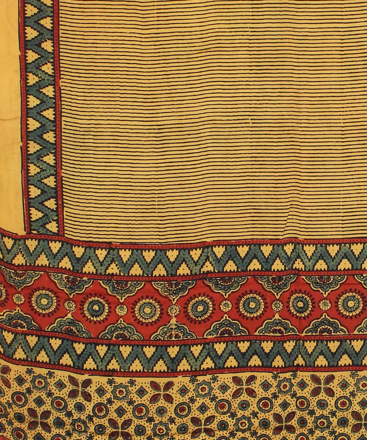 Yellow red black modal silk hand block printed ajrakh saree