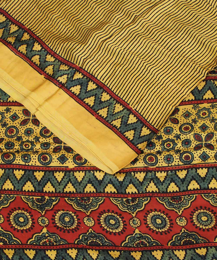 Yellow red black modal silk hand block printed ajrakh saree