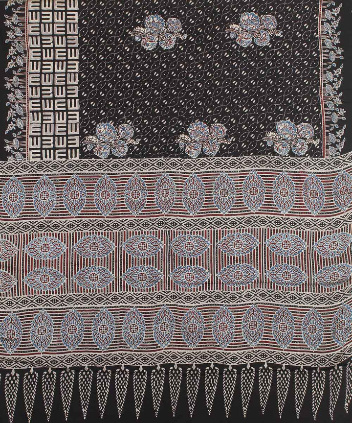 Black offwhite modal silk hand block printed ajrakh saree