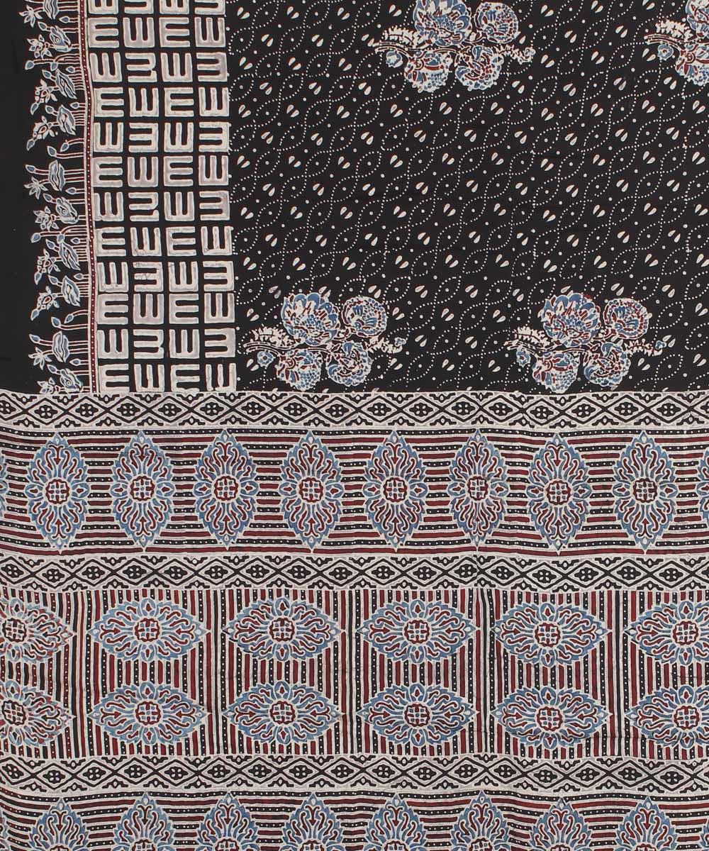 Black offwhite modal silk hand block printed ajrakh saree