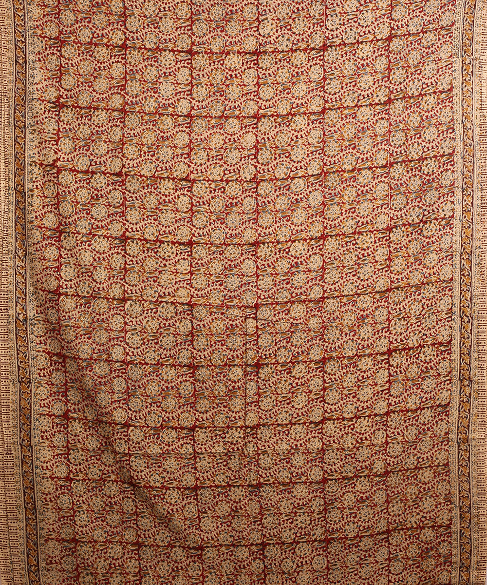 Multicolor maroon cotton hand block printed kalamkari saree