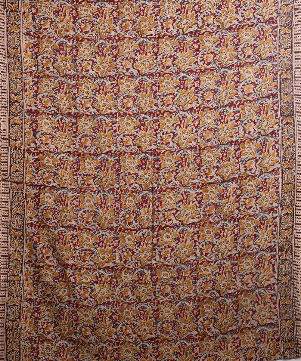 Multicolor red hand block printed kalamkari cotton saree