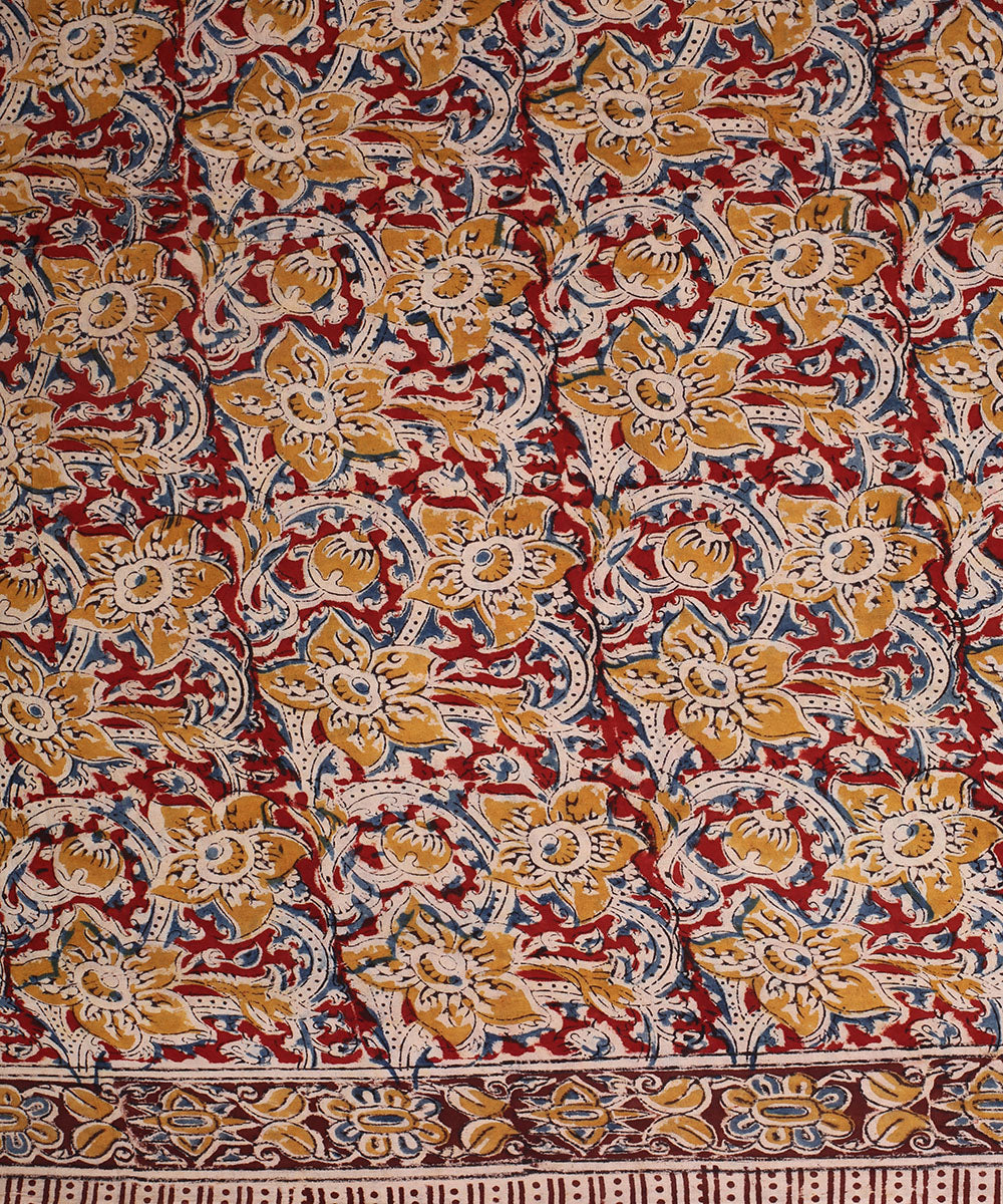 Multicolor red hand block printed kalamkari cotton saree