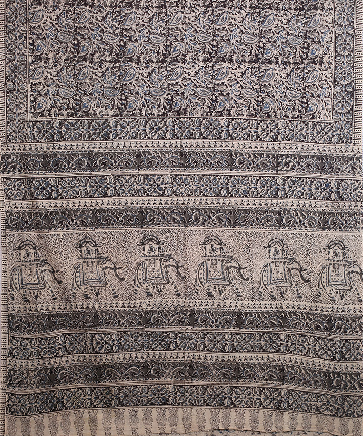 Multicolor blue hand block printed kalamkari cotton saree